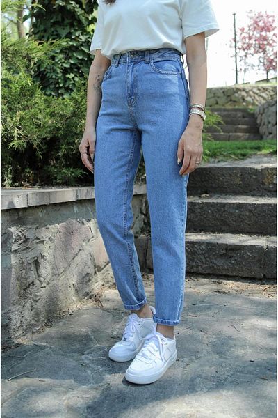 Geppetto MR Talie înaltă Lycra Blue Snow Wash Jeans Boyfriend Pantaloni flexibili Mom Denim