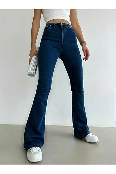 Geppetto Dark Blue Flare Leg Denim Pants High Waist Flare Jeans Gathering