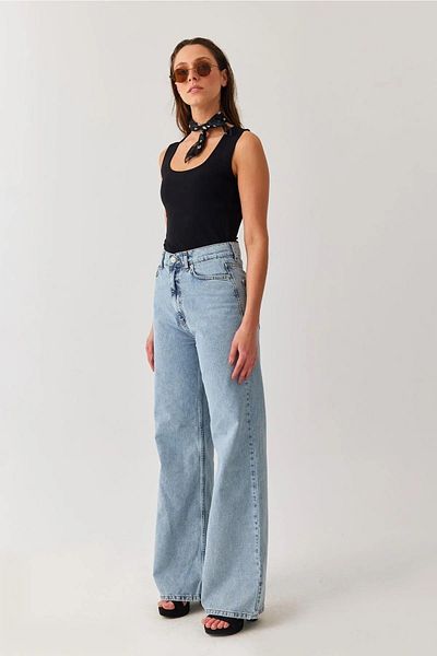 Geppetto Blugi de damă albastru deschis pentru spălarea zăpezii, talie înaltă, picior largi, din denim, Jean Comfort Lycra