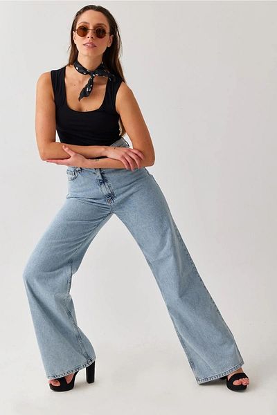Geppetto Blugi de damă albastru deschis pentru spălarea zăpezii, talie înaltă, picior largi, din denim, Jean Comfort Lycra