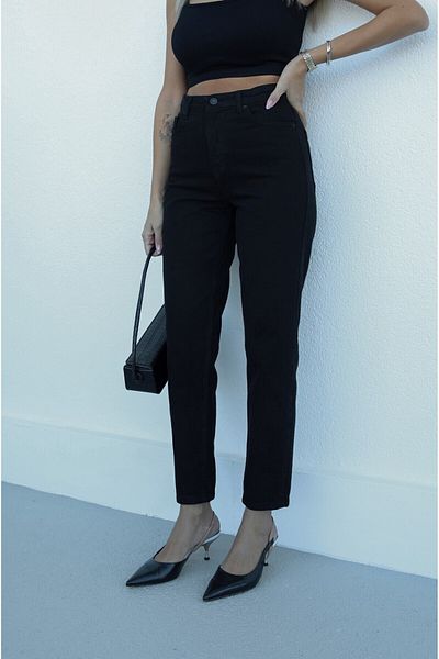 Geppetto MR Ψηλόμεση Lycra Μαύρο Colorfast Boyfriend Jeans Ευέλικτο παντελόνι Mom Jeans