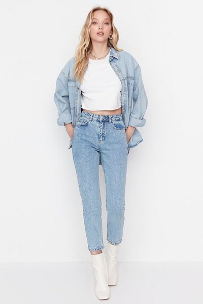 Geppetto Jean de damă Snow Wash Mom albastru deschis cu talie înaltă Boyfriend