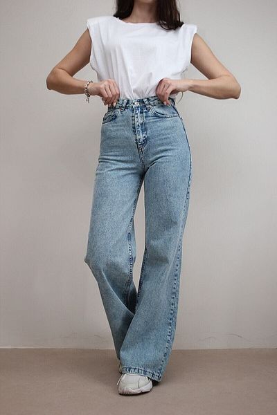 Geppetto 90s Blue Lycra - Super High Waist Loose Jeans Palazzo Trousers