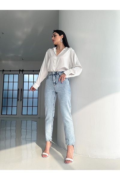 Geppetto Jean MR Jean pentru femei Blue Snow Wash cu talie înaltă Mom Mold Jean