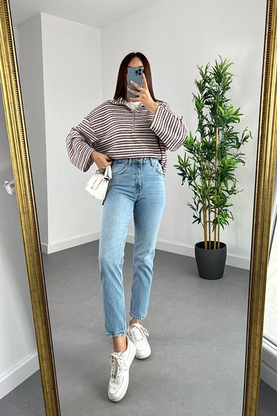 Geppetto Blugi cu talie înaltă Lycra Mona Blue - Femei Boyfriend Mom Jean
