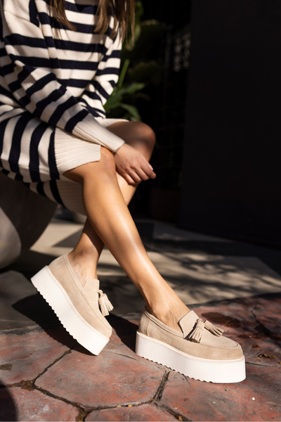 ANGELİNA JONES AJAX KADIN BEJ GERCEK DERİ SUET LOAFER PUSKULLU AYAKKABİ