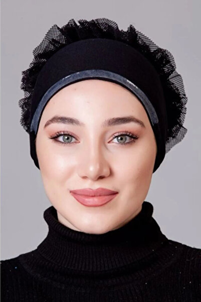 ELASYA Siyah Likralı Fırfırlı Kaymayan Bone ( Kaymaz  Bone) - Yeni Sezon / Yeni Model