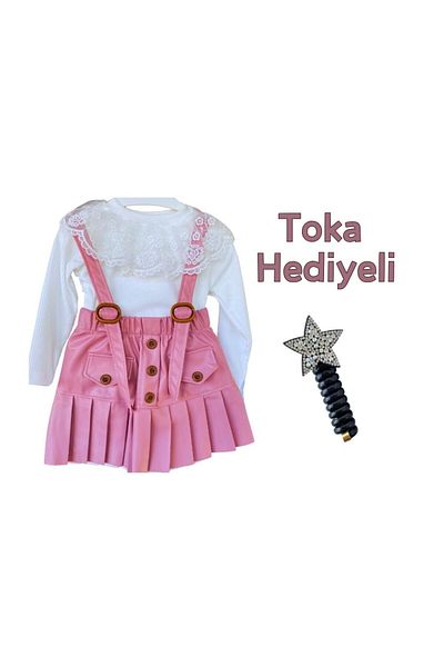 Nisankids Girl's Festive Salopet 2-3-4-5 Years Old Leather Pleated Skirt - Lace Detailed Body Set