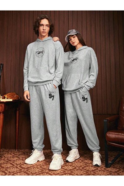 LOUİSA Sevgili Kombini 2'li Paket Gri Baskılı Şardonlu Eşofman Takımı Unisex