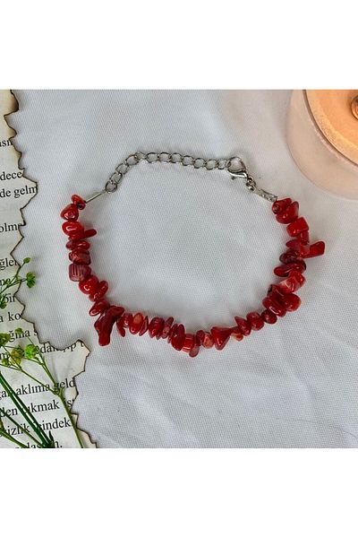 Elifsu Jewelry Red Coral Stone Natural Stone Cracked Stone Bracelet