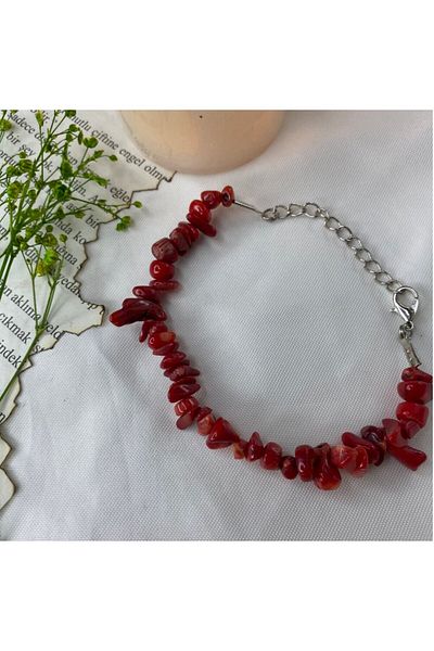 Elifsu Jewelry Red Coral Stone Natural Stone Cracked Stone Bracelet