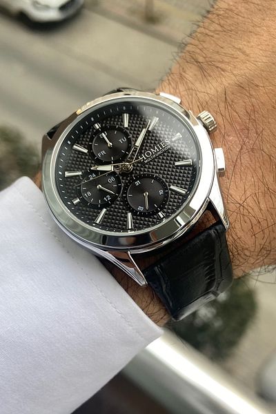 Homies Men's Wrist Watch Silver Case Black Leather Strap All Functions Work Bracelet with Gift.Hmdra349F