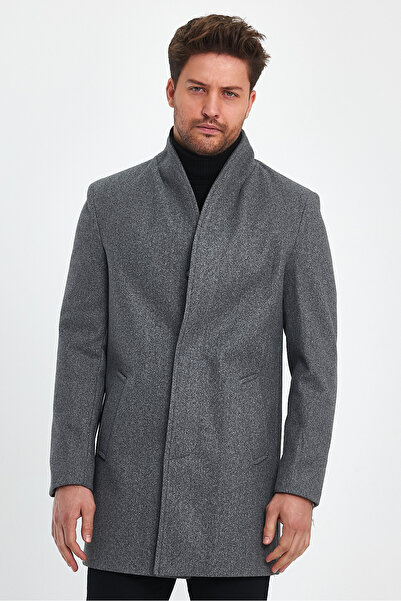 TREND KOMBİN Ανδρικό παλτό με λεπτή εφαρμογή σε κλειστό γκρι κασμίρ