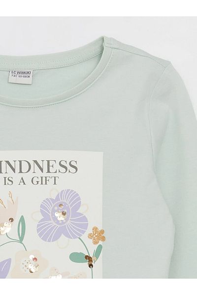LC Waikiki Long Sleeve Printed Girl's T-Shirt - Crew Neck