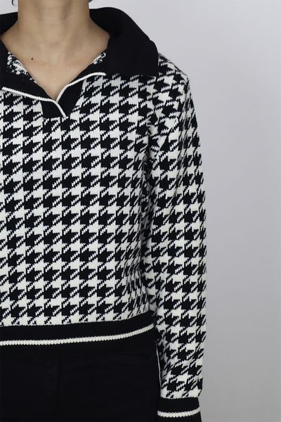 Neva Fistan Store Pulover sport de iarnă cu model negru - alb, guler polo, croială confortabilă