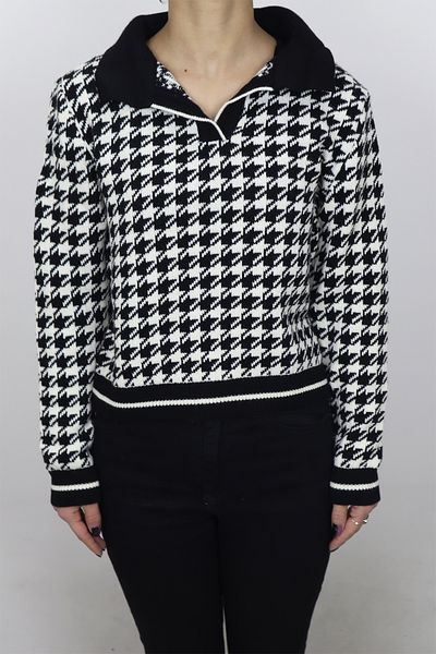 Neva Fistan Store Pulover sport de iarnă cu model negru - alb, guler polo, croială confortabilă