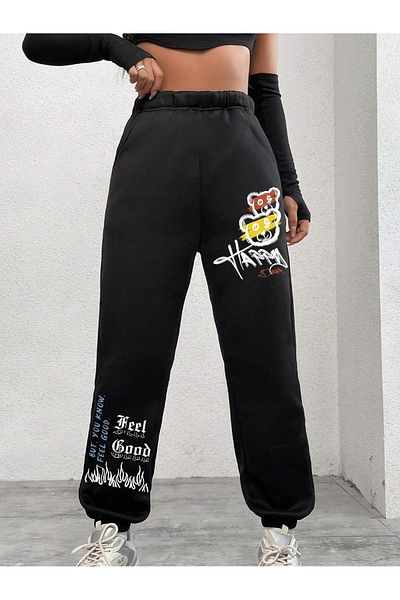 BEETON Ψηλόμεσο ελαστικό πόδι Happy Bear Jogger Sweatpants - Μαύρο εμπριμέ