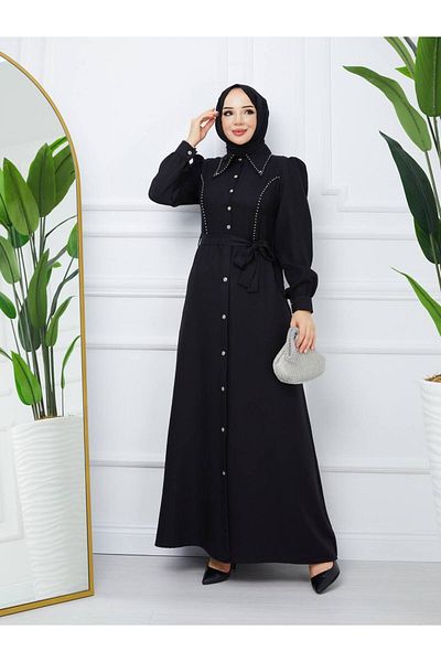 asyadabutik Beaded Buttoned Belted Hijab 1stClass Linen Dress