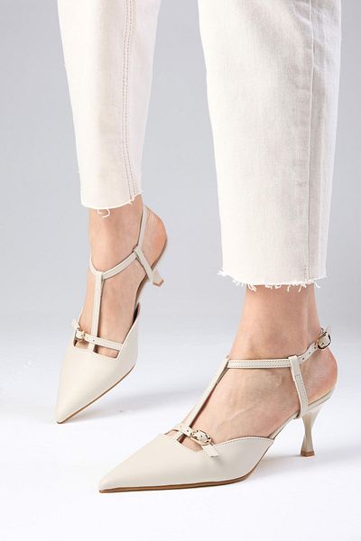Mio Gusto Beige Women's Heeled Shoes with Open Back Straps