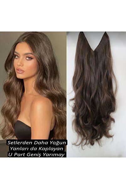 CESLİFE Kumral V Part Geniş Yarım Ay Çıt Çıt Postiş - Maşa Dalgalı- 75cm