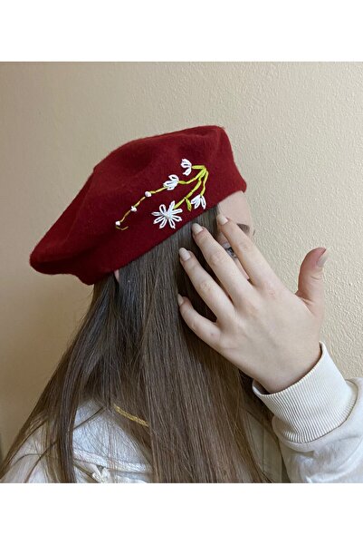 sema aksesuar قبعة رسام مطرزة بالزهور باللون الأحمر مصنوعة يدويًا - قبعة رسام...
