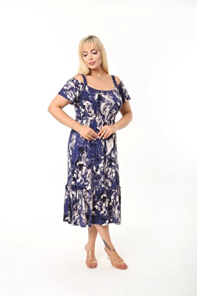 ModaSehle Women's Plus Size Madonna Collar Patterned Strap Dress