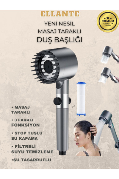 ellante Masajlı Çok Fonksiyonlu Ayarlanabilir Filtreli Arıtmalı Krom Duş Başl...