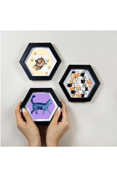 Hediye Vakti Cadru hexagonal din 3 piese cu design de pisică