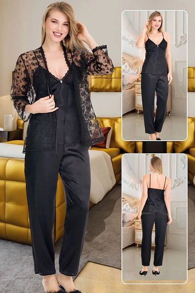 by İGP Set de pijamale din satin cu broderie neagră cu rochie din dantelă