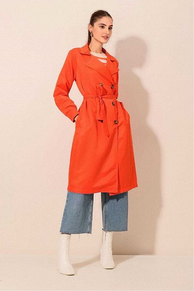 hazelin Women's Orange Double Breasted Collar Belted Unlined Seasonal Comfortable Trench Coat Hzl22s-bd158531