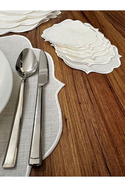 NURHAN HOME COLLECTION Ecru Embroidered 12 Piece Set American Serving and Cocktail Presentation Napkin