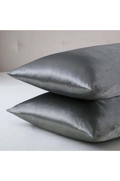 ANT HOME TEKS Silk Textured Satin 50x70 Cm Pillow Case Anti-Sweat Odorless Curly Hair Dark Gray 2 Pieces Dowry Bowl
