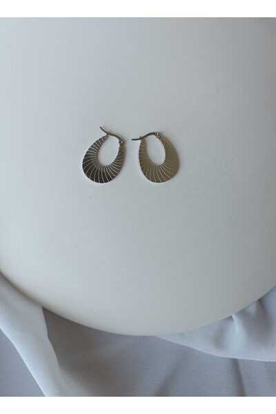 Sunland Silver Oval Çizgili Halka Çelik Küpe