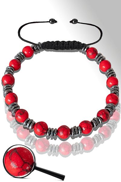 Tesbih Atölyesi Certified Silver Hematite Red Howlite Stone Bracelet - Adjustable