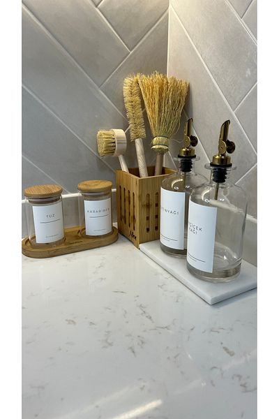 may home design 2-Piece Oil Pot with Label Marble Stand/3-Piece BrushesSpoon Holder/2-Piece Spice Holder with Bamboo Lid