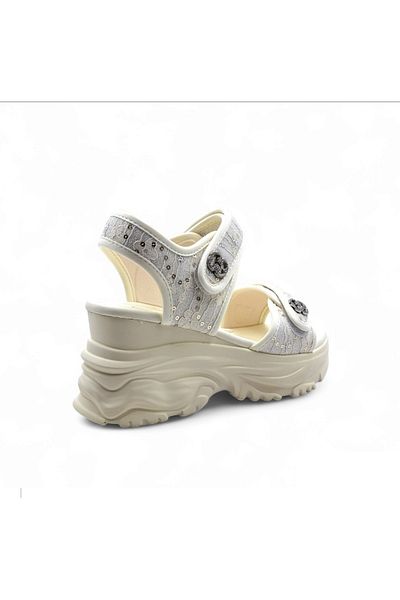 Guja Lace and Sequin Detailed Wedge Heel Velcro Beige Color Women's Sandals