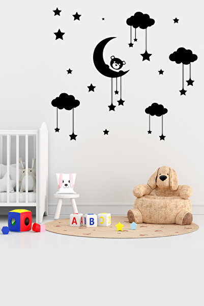 Sevimli Ayıcık Yıldızlar Bulutlar 50x50 Dekoratif Bebek Çocuk Odası Ahşap Duvar Dekoru Duvar Süsü