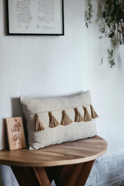 Rivendos Romance Keten Jüt Ip Detaylı Püsküllü Krem Dikdörtgen Dekoratif Kırlent Kılıfı 50x30