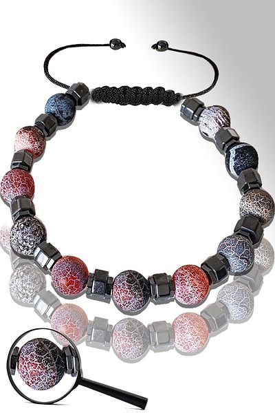 Tesbih Atölyesi Certified Silver Hematite Natural Raw Black - Red Agate Stone Bracelet - Adjustable