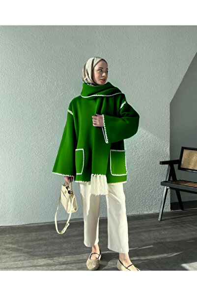 ELİSA Soft Cashmere Coat with Embroidery Detail Scarf Green Jacket