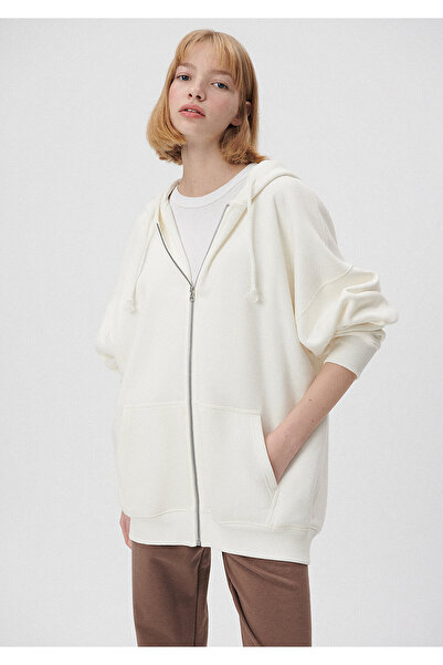 Mavi Kapüşonlu Fermuarlı Beyaz Sweatshirt 1610221-70057