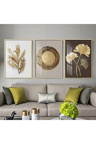 KOLAJTASARIM Altın Esinti Modern Sanat Üçlü Metal Çerçeveli Tablo Seti