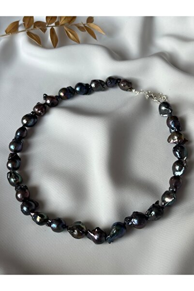 DURAN TAKI TASARIM Gerçek Siyah Barok İnci Kolye ( Gümüş )