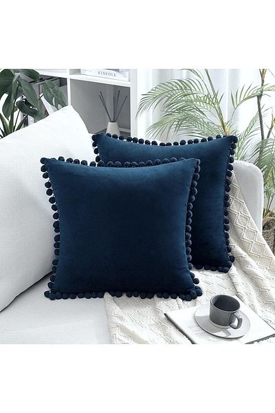 Bc Home طقم غطاء وسادة رمي ناعم مكون من قطعتين باللون الأزرق الداكن مع بوم بوم صغير، عادي، قطعتين، إسكندنافي، بوهيمي