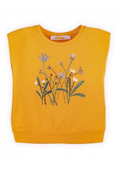 Riccotarz Baby Girl Flower Printed Crew Neck Sleeveless Yellow T-Shirt