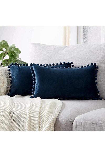 Bc Home طقم غطاء وسادة رمي ناعم مكون من قطعتين باللون الأزرق الداكن مع بوم بوم صغير، عادي، قطعتين، إسكندنافي، بوهيمي
