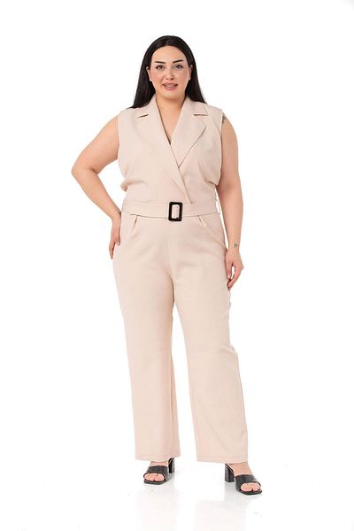 DISENTIS MODEST Plus Size Double-breasted Beige Jumpsuit with Elastic Waist, Zipper Closure and Belt