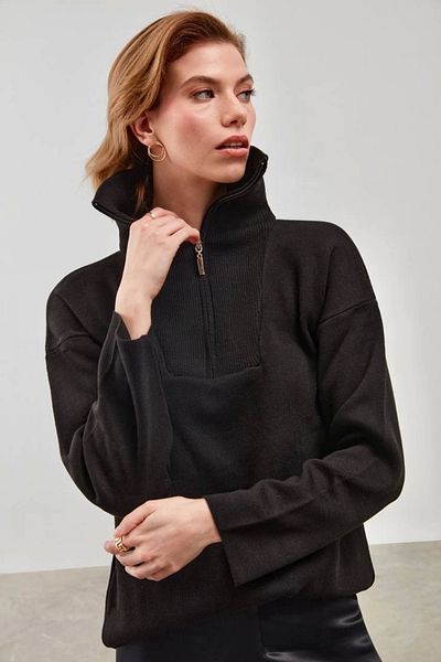 Melike Bakar Boutique Pulover supradimensionat cu mânecă lungă, cu jumătate de fermoar