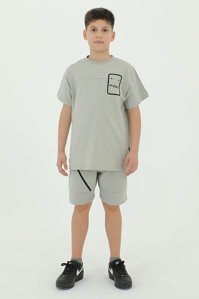 Black One Crew Neck Boy's Print Detailed T-Shirt and Shorts Double Set