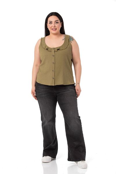 DISENTIS MODEST Plus Size Ruffle Collar Sleeveless Buttoned Khaki Blouse